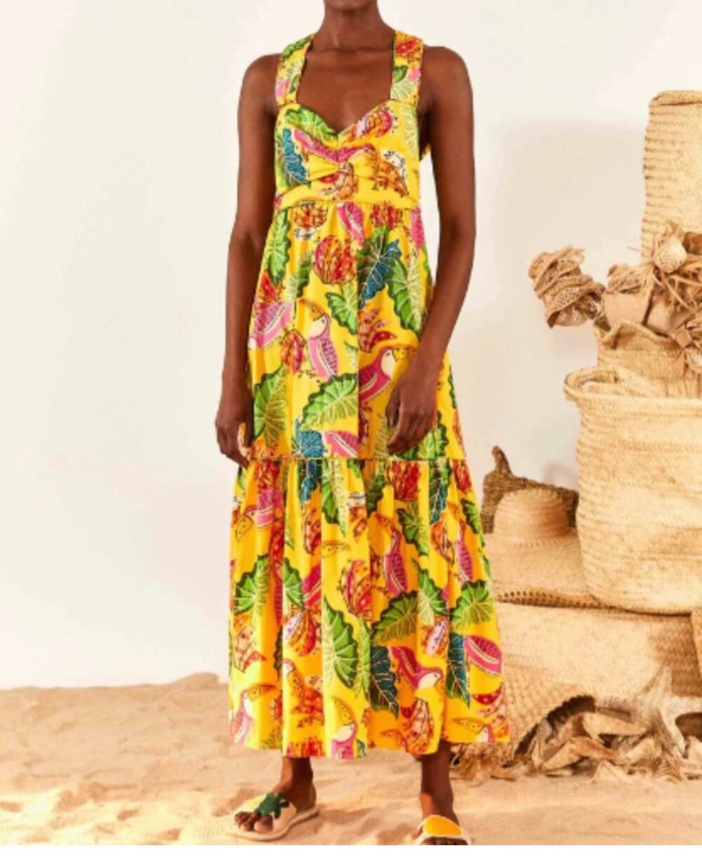 Farm Rio Yellow Beaks and Bananas Maxi Dress S